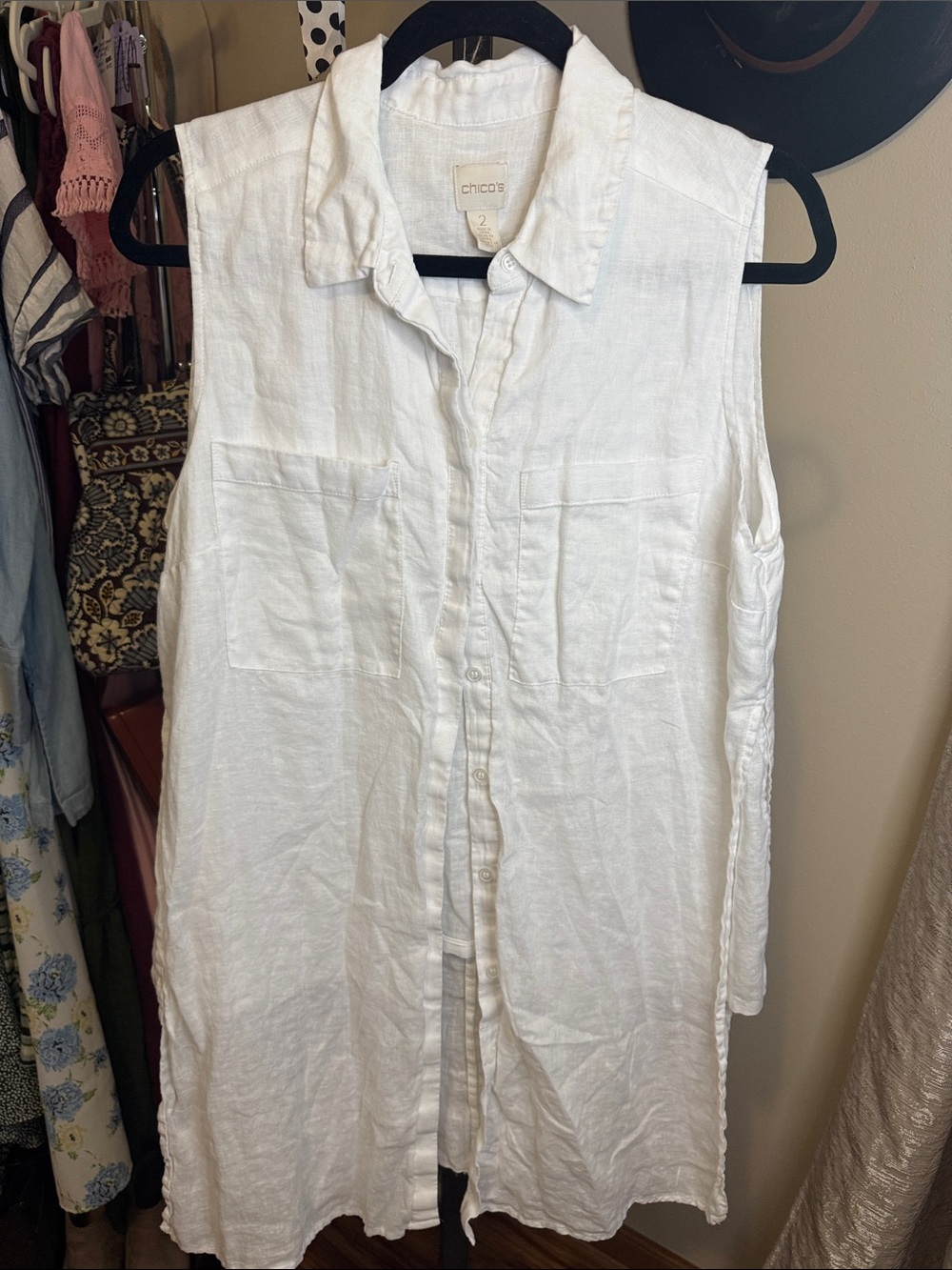 Chico's White Sleeveless Linen Button-Front Tunic
